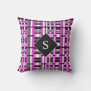 Plaid in Pink, Black & Gray Monogrammed Outdoor Pillow