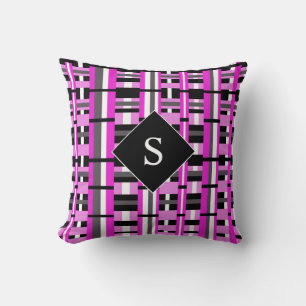 Plaid in Pink, Black & Gray Monogrammed Throw Pillow