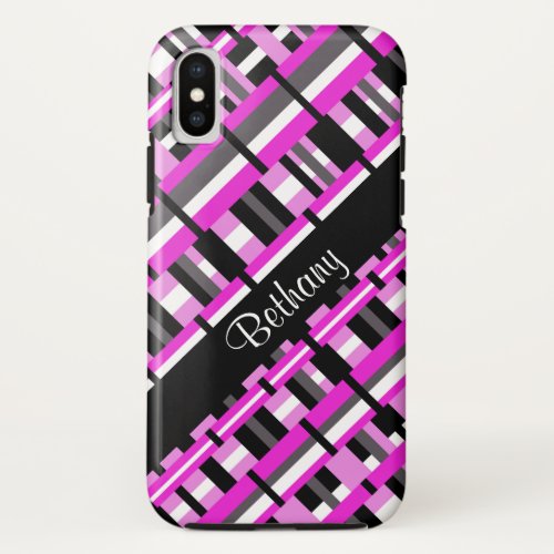 Plaid in Pink Black  Gray Personalize Name iPhone X Case