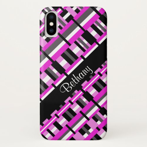 Plaid in Pink Black  Gray Personalize Name iPhone X Case