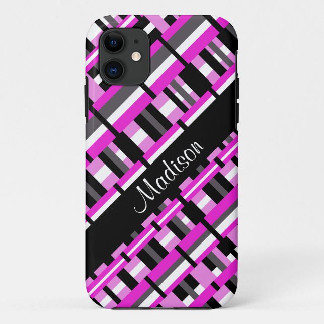 Plaid in Pink, Black & Gray Personalize Name Case-Mate iPhone Case (Back)