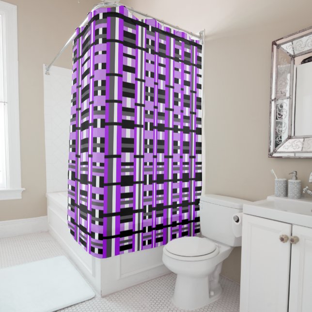 Plaid in Purple, Black & Gray Bold Shower Curtain (In Situ)
