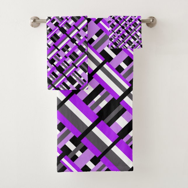 Plaid in Purple, Black & Gray Diagonal Bath Towel Set (Insitu)