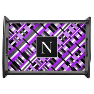 Plaid in Purple, Black & Gray Diagonal Monogram Serving Tray