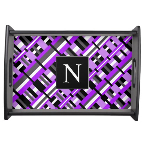 Plaid in Purple Black  Gray Diagonal Monogram Serving Tray