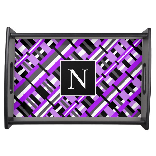 Plaid in Purple, Black & Gray Diagonal Monogram Serving Tray (Front)