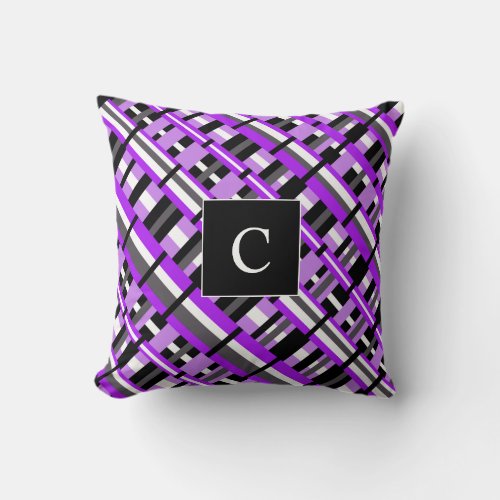 Plaid in Purple Black  Gray Diagonal Monogram Throw Pillow