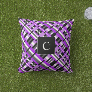Plaid in Purple, Black & Gray Diagonal Monogram Throw Pillow