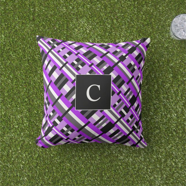 Plaid in Purple, Black & Gray Diagonal Monogram Throw Pillow (Grass)