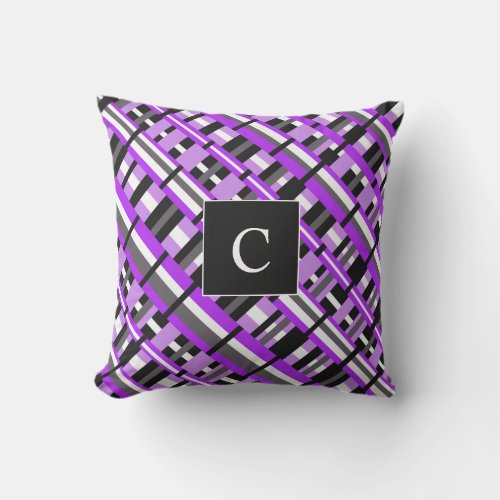 Plaid in Purple Black  Gray Diagonal Monogram Throw Pillow