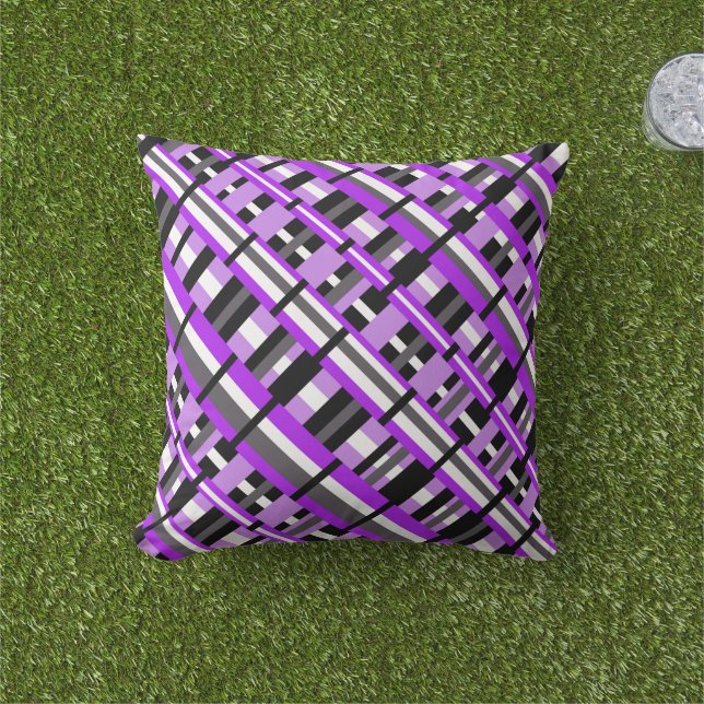 Plaid in Purple, Black & Gray Diagonal Throw Pillow (Grass)