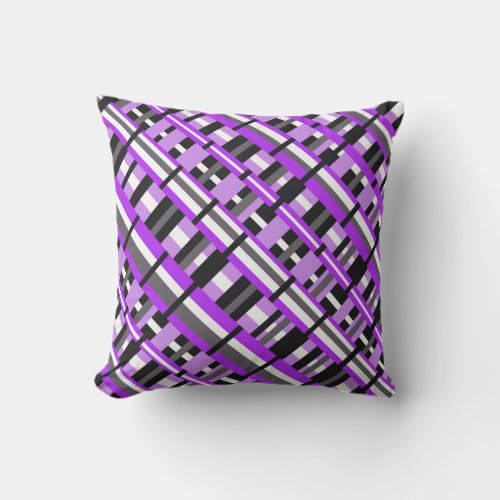 Plaid in Purple Black  Gray Diagonal Throw Pillow