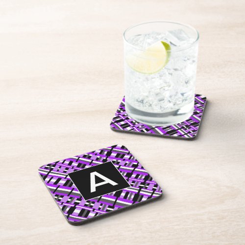 Plaid in Purple Black  Gray Monogram Drink Coaster