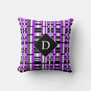 Plaid in Purple, Black & Gray Monogram Throw Pillow