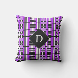 Plaid in Purple, Black & Gray Monogram Throw Pillow
