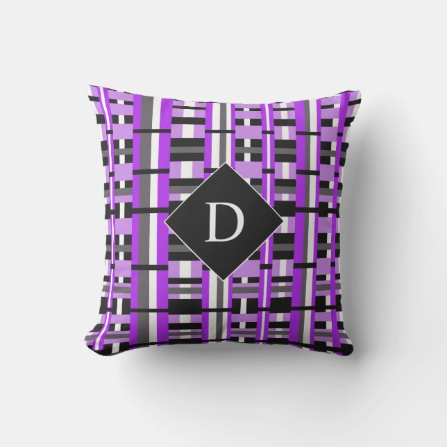 Plaid in Purple, Black & Gray Monogram Throw Pillow (Front)
