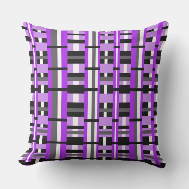 Plaid in Purple, Black & Gray Outdoor Pillow (Front)