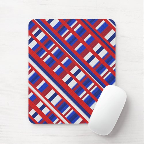 Plaid in Red White  Blue Diagonal  Mouse Pad