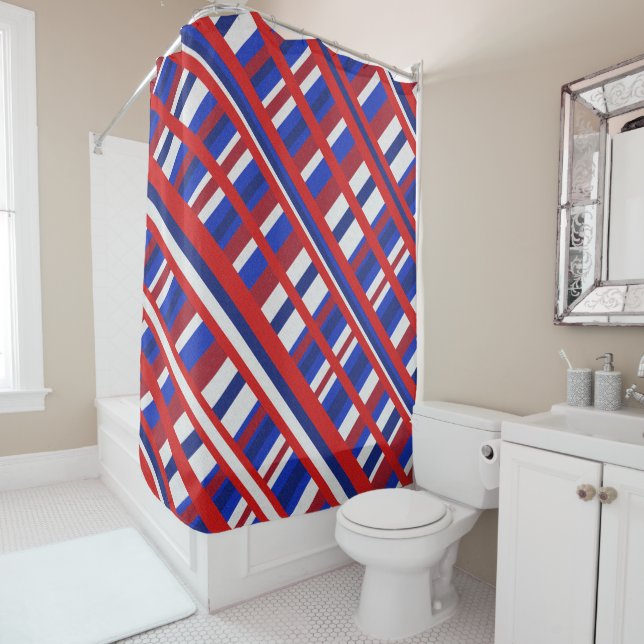 Plaid in Red, White & Blue Diagonal Shower Curtain (In Situ)