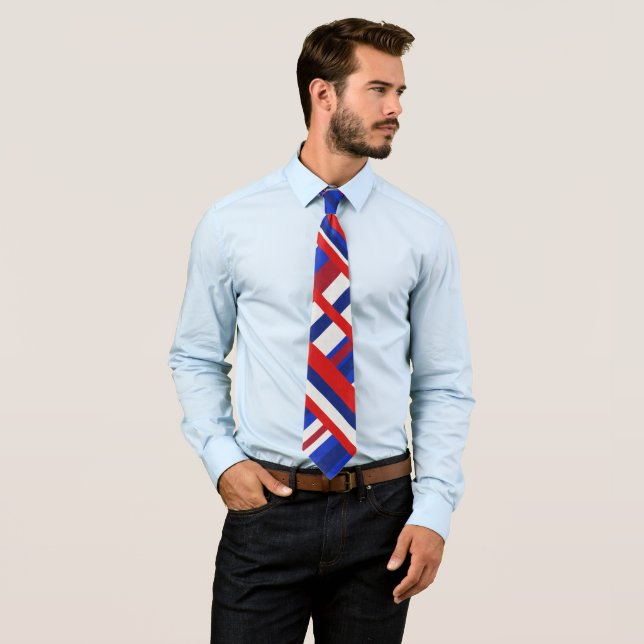 Plaid in Red, White, Blue Modern Pattern Neck Tie (In Situ)