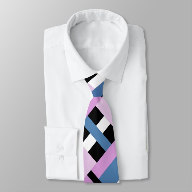 Plaid in Slate Blue, Orchid, Black & White Neck Tie (Tied)