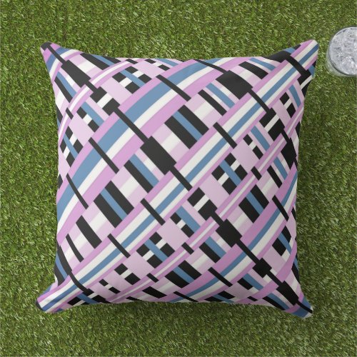 Plaid in Slate Blue Orchid Black  White Outdoor Pillow