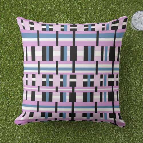 Plaid in Slate Blue Orchid Black  White Outdoor Pillow