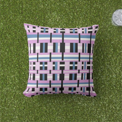 Plaid in Slate Blue Orchid Black  White Outdoor Pillow