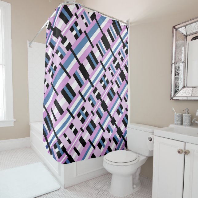 Plaid in Slate Blue, Orchid, Black & White Shower Curtain (In Situ)