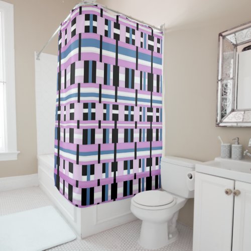 Plaid in Slate Blue Orchid Black  White Shower Curtain