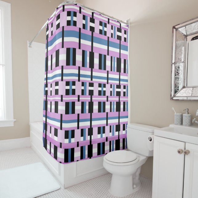 Plaid in Slate Blue, Orchid, Black & White Shower Curtain (In Situ)