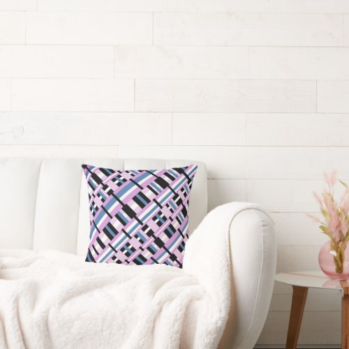 Plaid in Slate Blue Orchid Black  White Throw Pillow