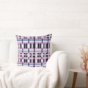 Plaid in Slate Blue, Orchid, Black & White Throw Pillow