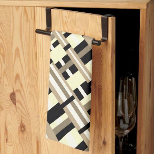 Plaid in Taupe Tan Black White Diagonal  Kitchen Towel