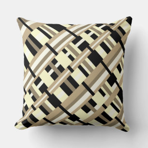 Plaid in Taupe, Tan, Black, White Diagonal Throw Pillow
