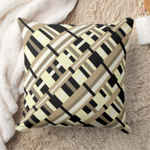Plaid in Taupe, Tan, Black, White Diagonal Throw Pillow