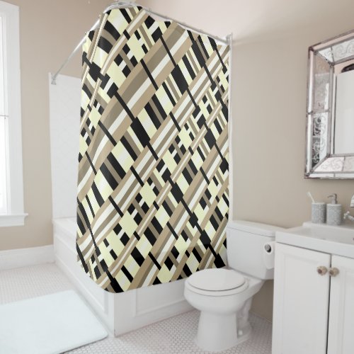 Plaid in Taupe Tan Black White Modern Diagonal Shower Curtain