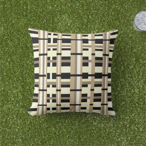 Plaid in Taupe Tan Black White Modern Outdoor Pillow