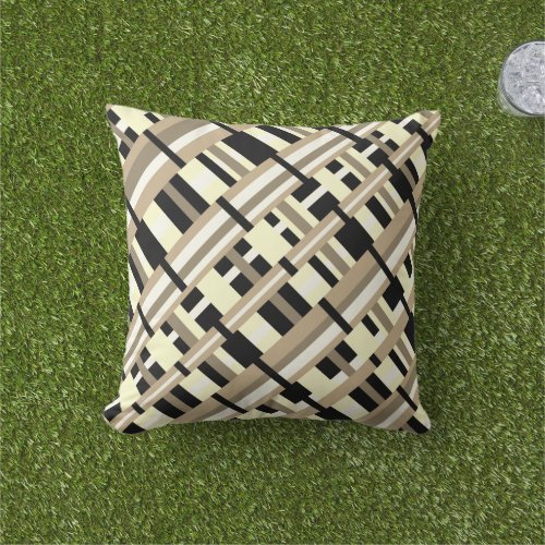 Plaid in Taupe Tan Black White Modern Outdoor Pillow