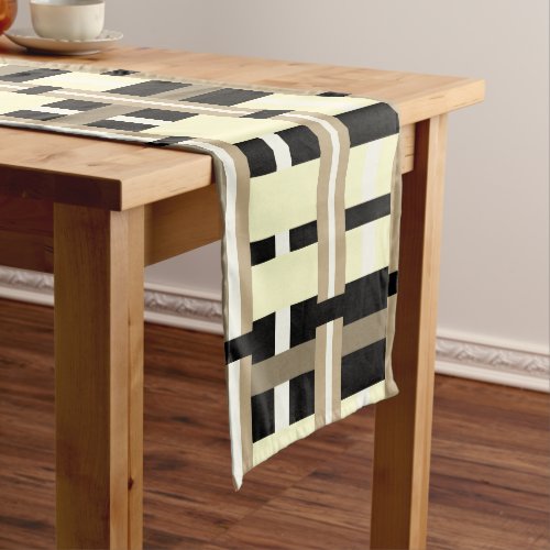 Plaid in Taupe Tan Black White Modern Short Table Runner