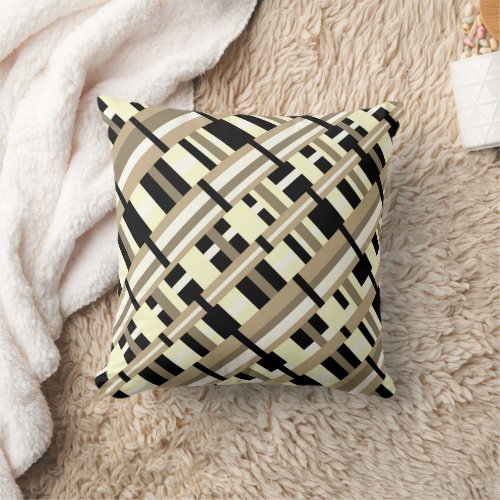 Plaid in Taupe Tan Black White Modern Throw Pillow