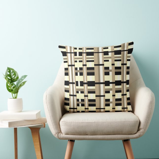Plaid in Taupe, Tan, Black, White Modern Throw Pillow (Chair)