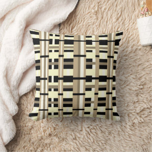 Plaid in Taupe, Tan, Black, White Modern Throw Pillow
