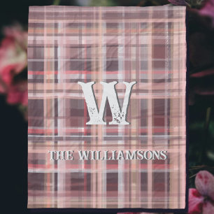Plaid initial script red blush burgundy peach pink fleece blanket