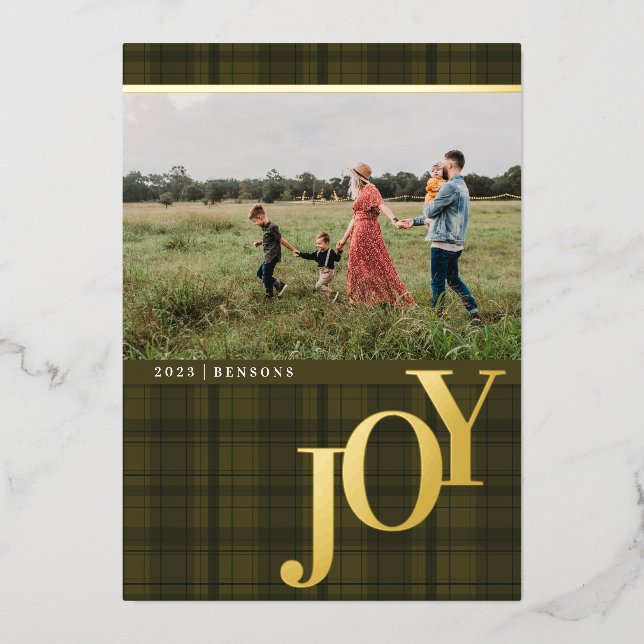 Plaid JOY Army Green Real Foil Holiday Card (Front)