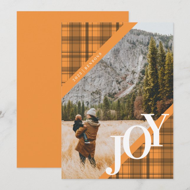 Plaid JOY Diagonal Orange Holiday Card (Front/Back)