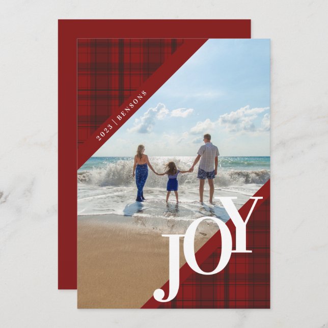Plaid JOY Diagonal Red Holiday Card (Front/Back)