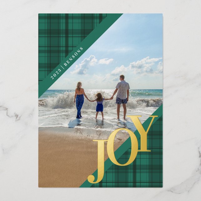 Plaid JOY Diagonal Turquoise Real Foil Holiday Card (Front)