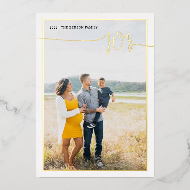 Plaid JOY Minimal Script Real Foil Holiday Card (Front)