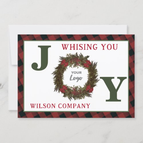 Plaid Joy wreath corporate logo Holiday Card